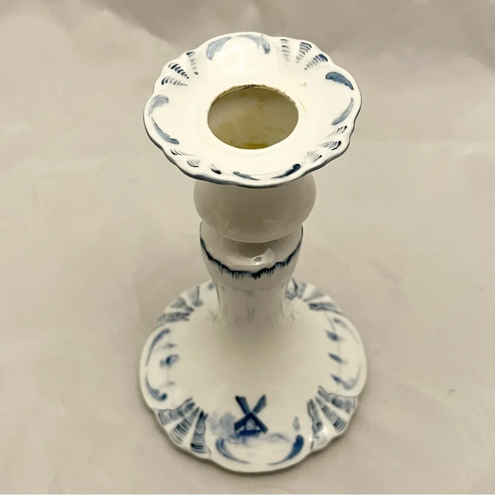 Farmhouse Style Candlestick, Blue & White Windmills, Signed on Bottom, VTG EUC